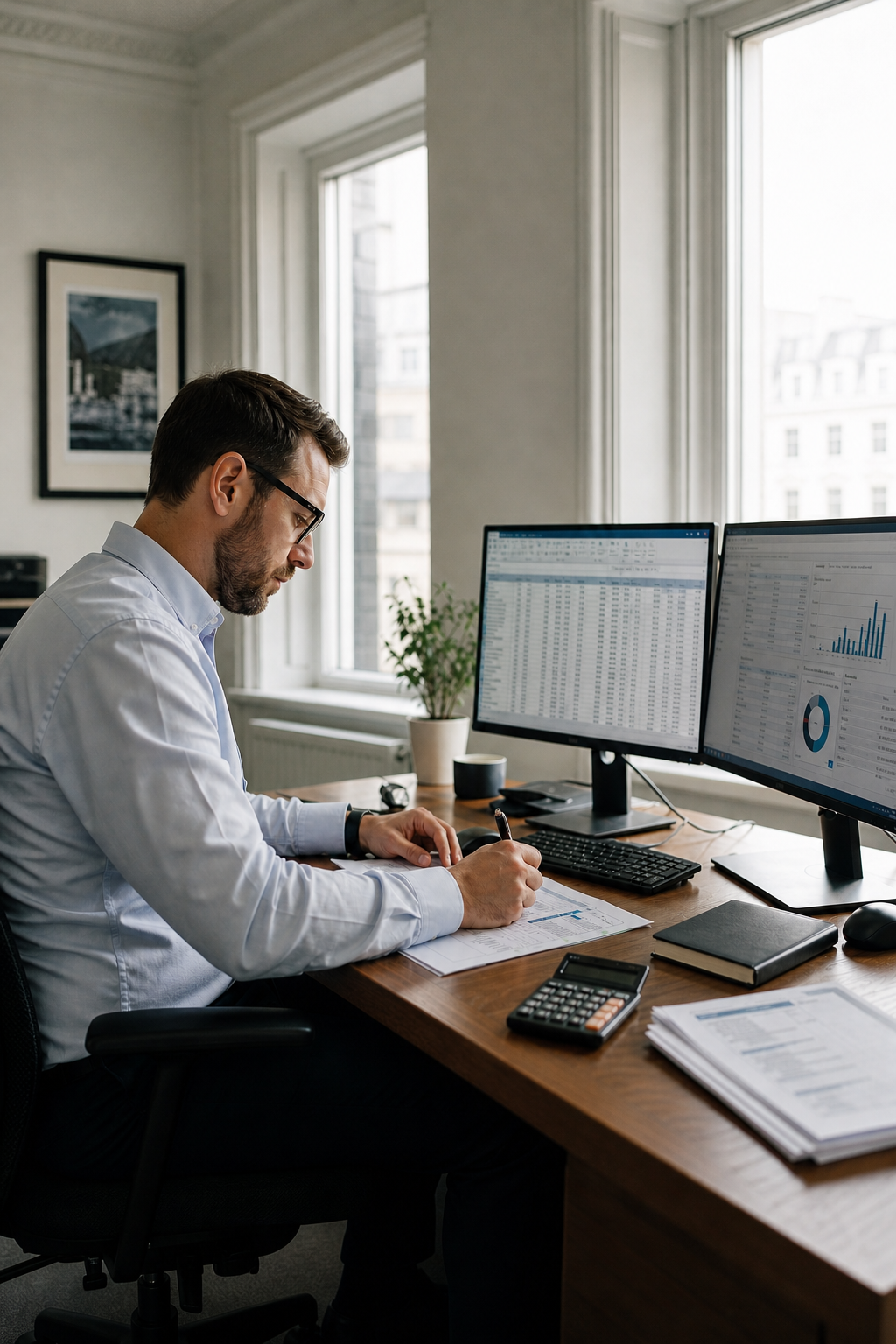 British Accountant Reviewing Financial Records Portrait British Accountant Reviewing Financial Records Portrait
