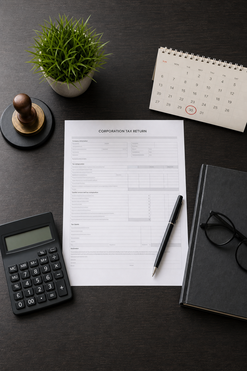 Corporate Tax Documents on Wood Desk in Portrait Orientation Corporate Tax Documents on Wood Desk in Portrait Orientation