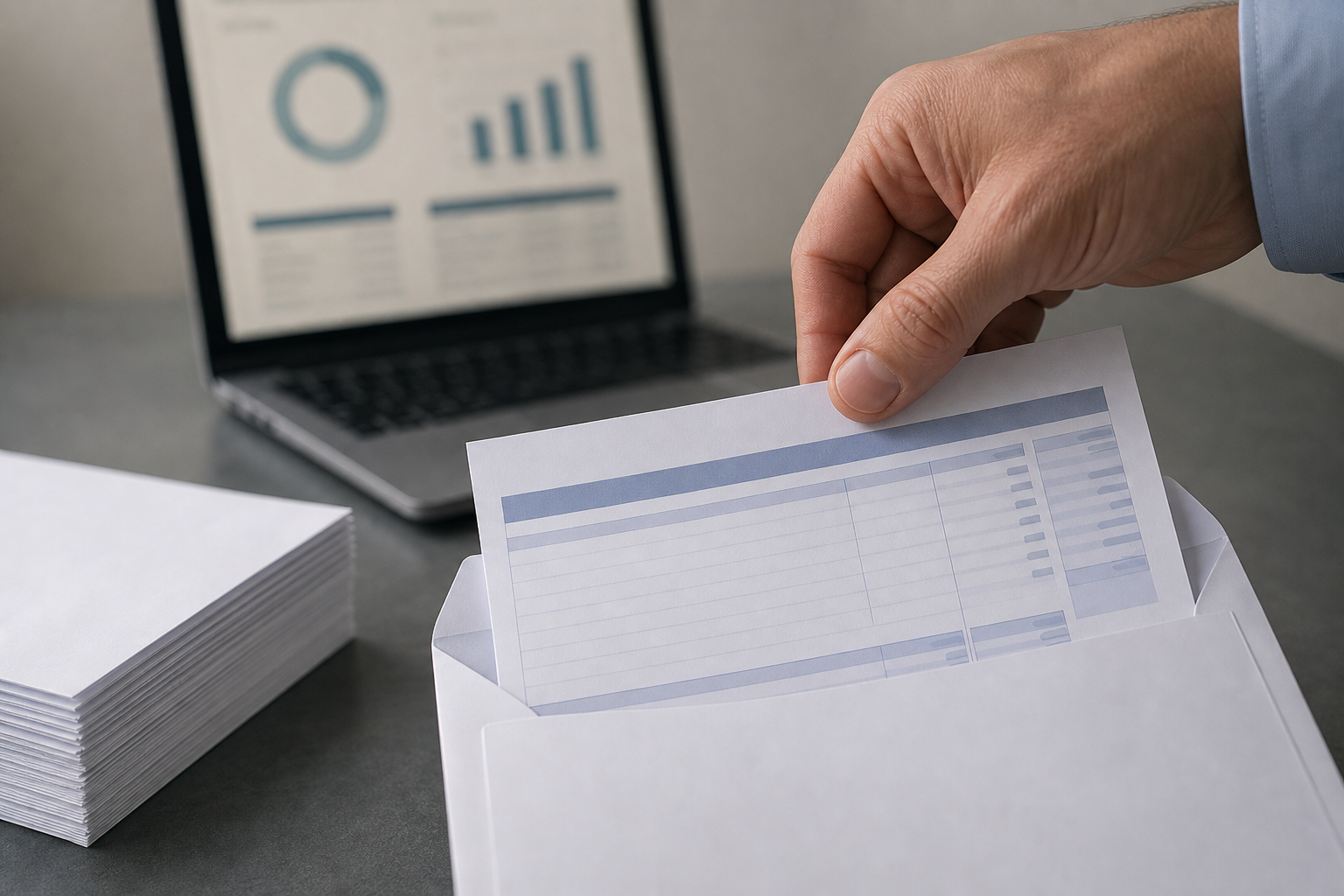 Hand Organizing Payslips in Envelopes on Desk Hand Organizing Payslips in Envelopes on Desk