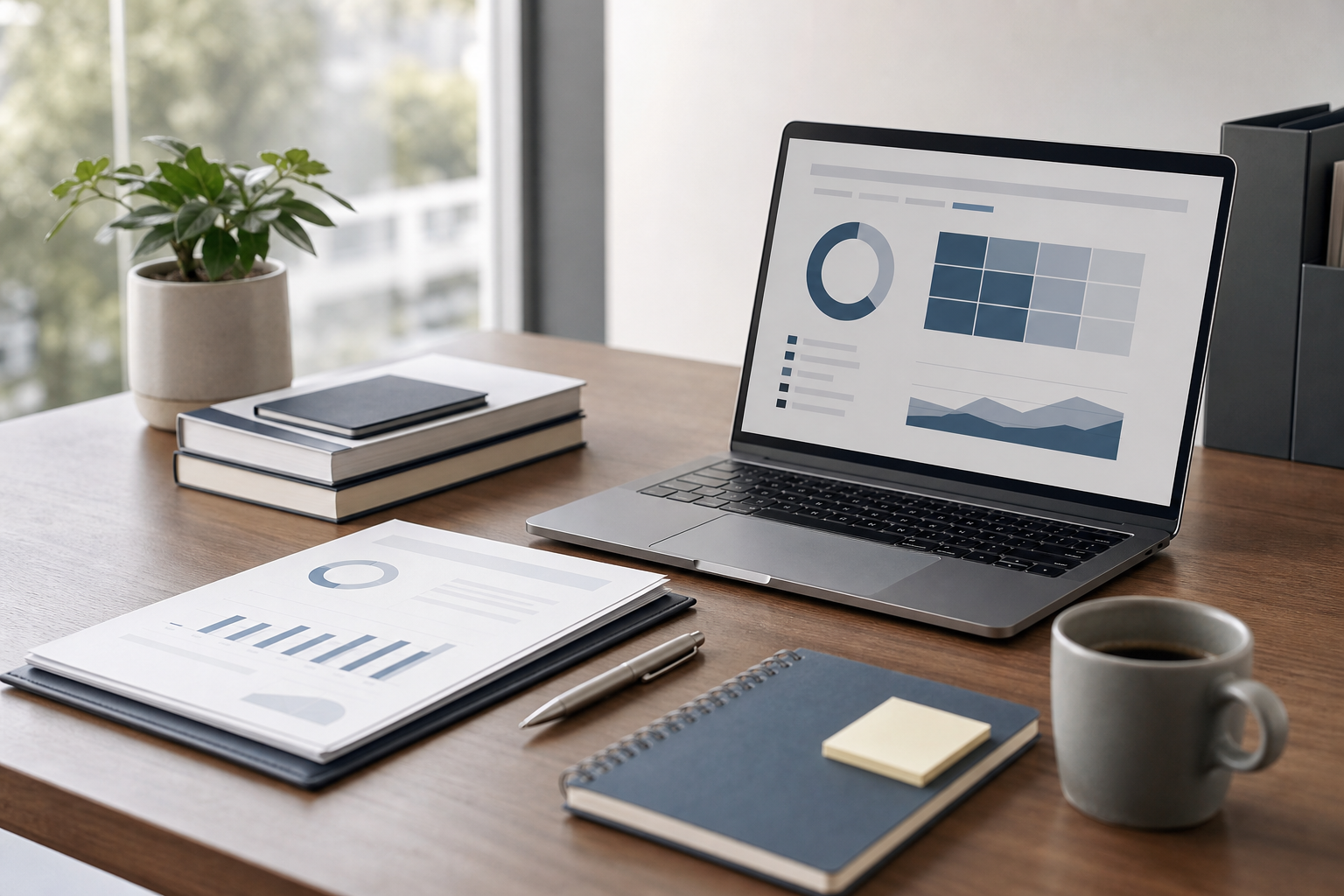 Neat Office Scene with Documents and Coffee Neat Office Scene with Documents and Coffee