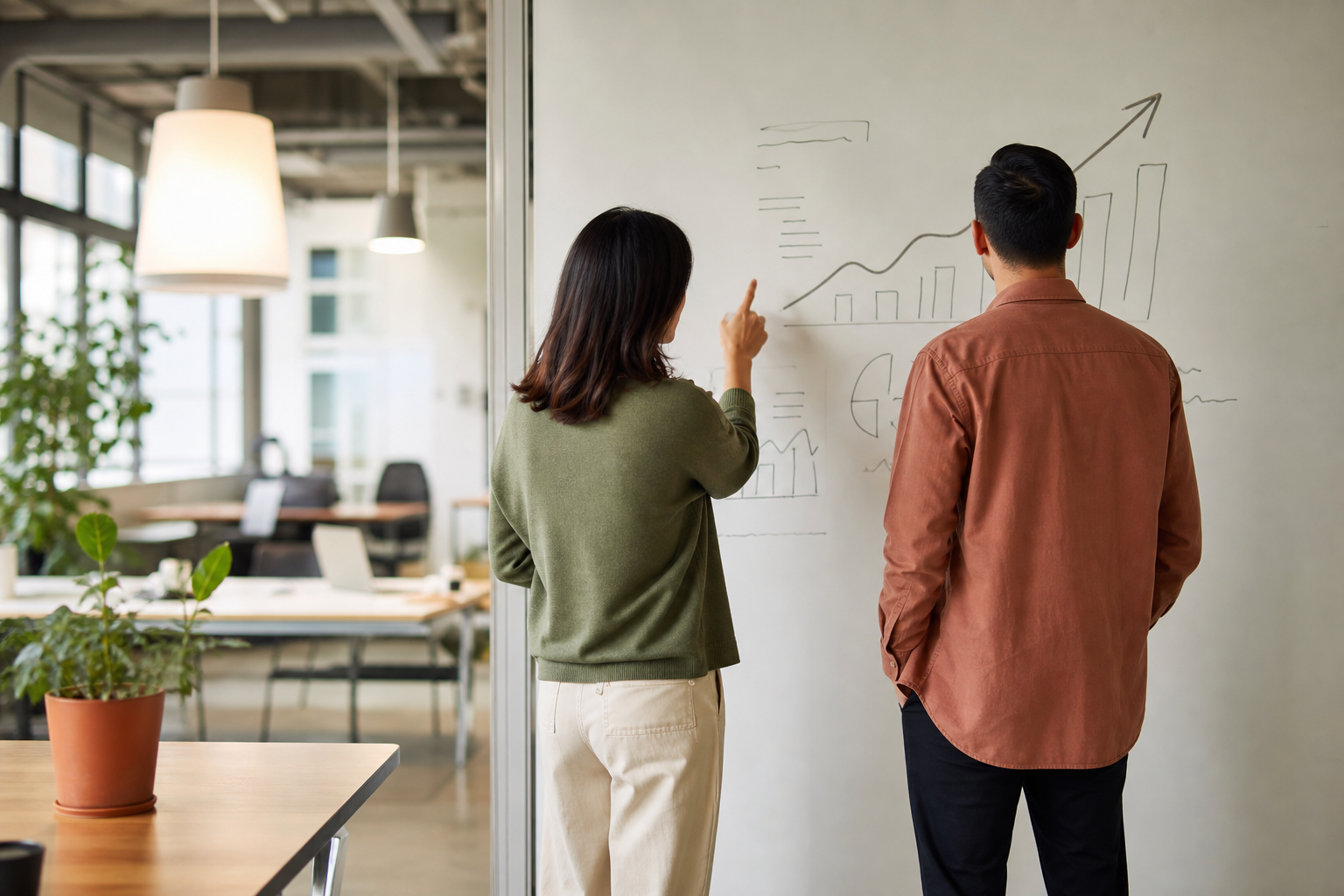 Two Colleagues Discussing Growth Chart at Modern Office Two Colleagues Discussing Growth Chart at Modern Office