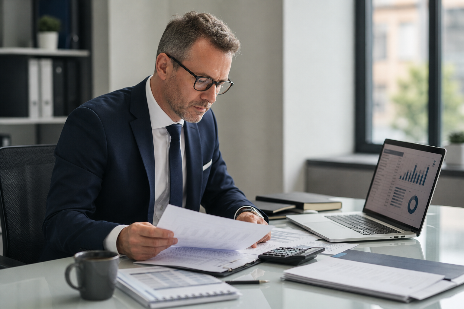 UK Accountant Reviewing Financial Statements at Office Desk UK Accountant Reviewing Financial Statements at Office Desk